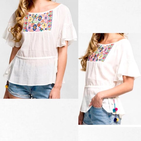 Lovestitch EUC lightweight cotton heavily embroidered bib pom waist tie top M - Picture 1 of 6